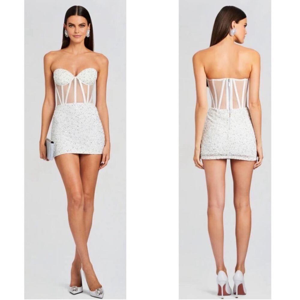 Retrofete Sienna White and Silver Sequin Bustier Strapless Mini Dress NWT